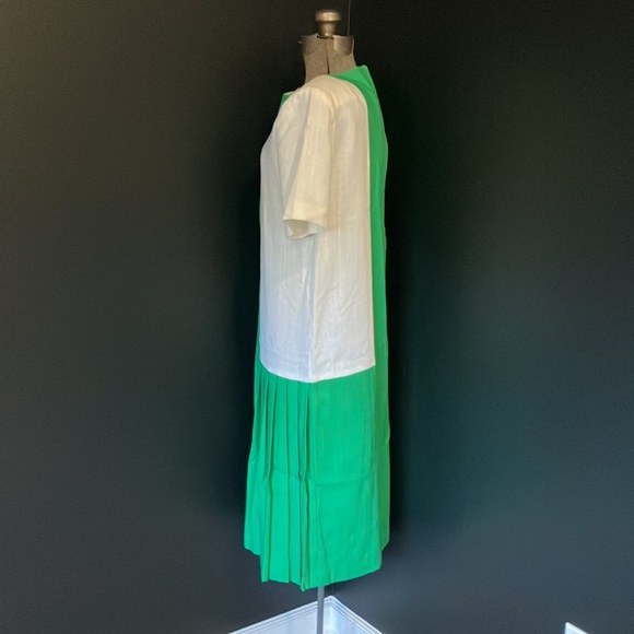 Vintage 80s J. Ellis White & Green Asymmetric Half-pleated Dress - Picture 3 of 12